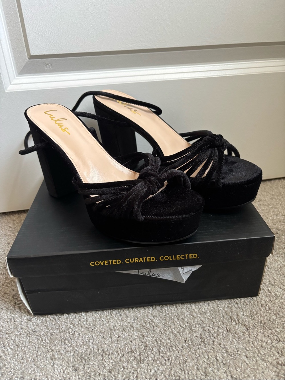 Lulu's Black Velvet Knotted Platform Block Heels